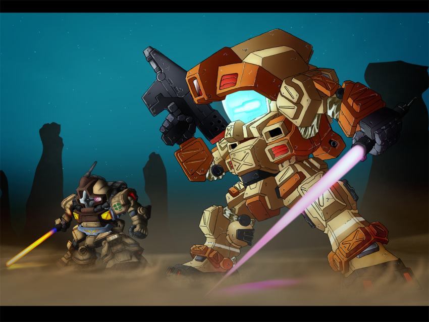 africa, chibi, desert_gm, dom_tropical_test_type, energy_sword, gm_(mobile_suit), gun, gundam, gundam_msv, mecha, mobile_suit_gundam, sword, volf505, weapon