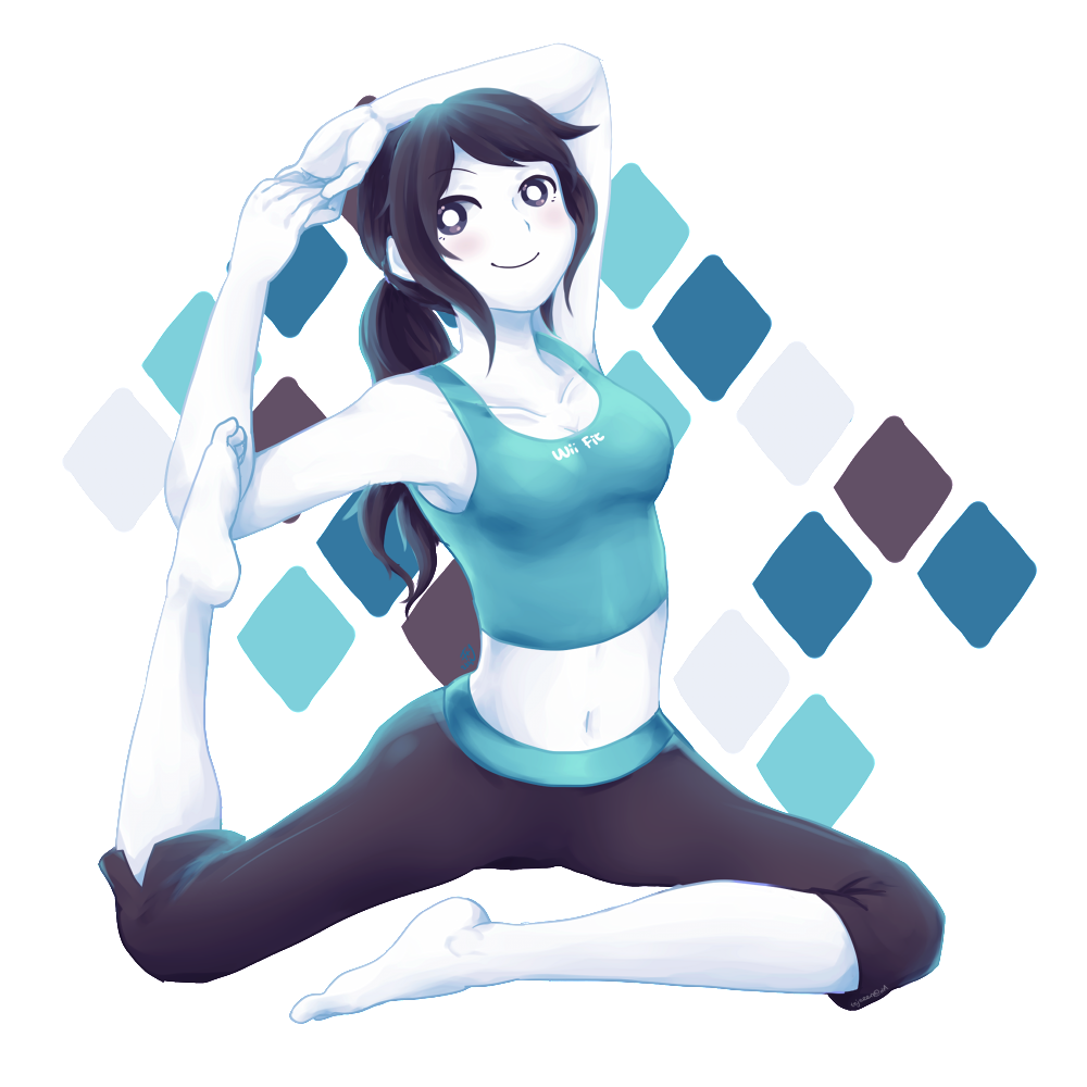 1girl, barefoot, blush, feet, flexible, grey_hair, harlequin_(pattern), looking_at_viewer, midriff, navel, nintendo, pale_skin, smile, solo, stomach, stretch, tank_top, tejennn, wii_fit, wii_fit_trainer, yoga