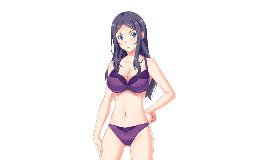 1girl, blue_eyes, blush, bra, breasts, cleavage, game_cg, hand_on_hip