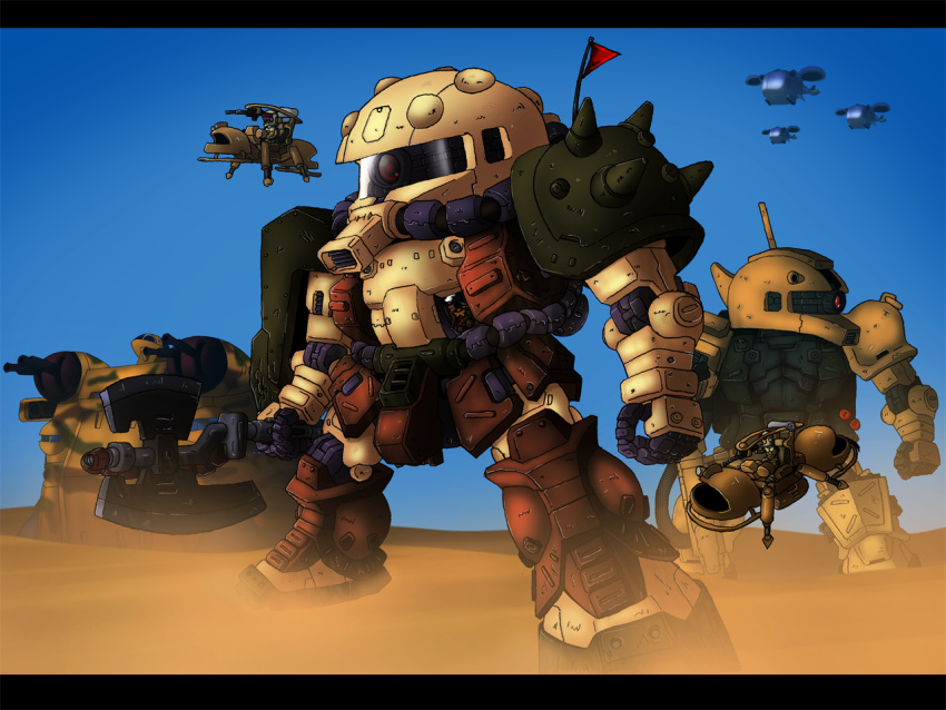 africa, aircraft, axe, chibi, desert, desert_zaku, gallop, gundam