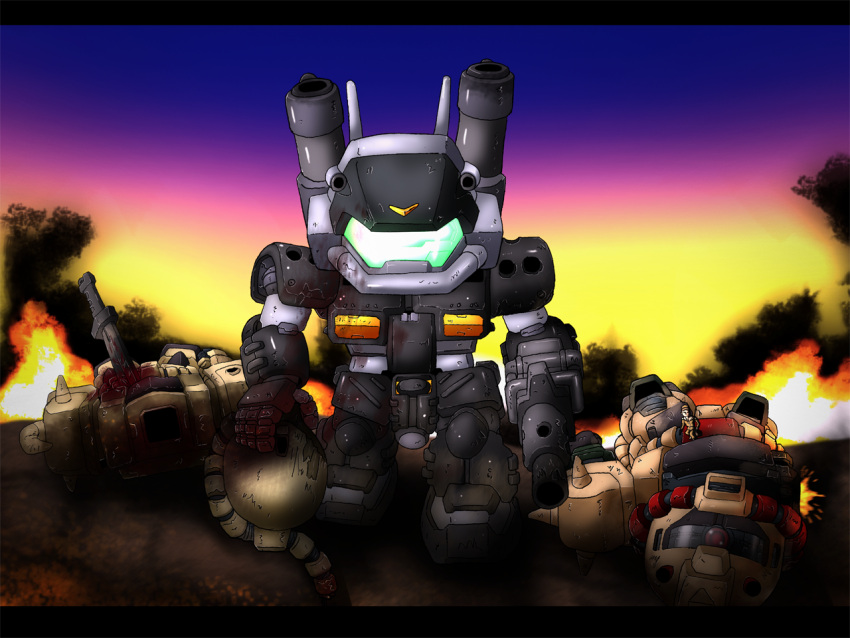 1boy, africa, chibi, damaged, fire, gouf, gun, guncannon, guncannon_mp_type, gundam, gundam_legacy, gundam_msv, mecha, mobile_suit_gundam, outdoors, severed_head, sky, smoke, sword, volf505, weapon, zaku, zaku_desert_type, zaku_ii