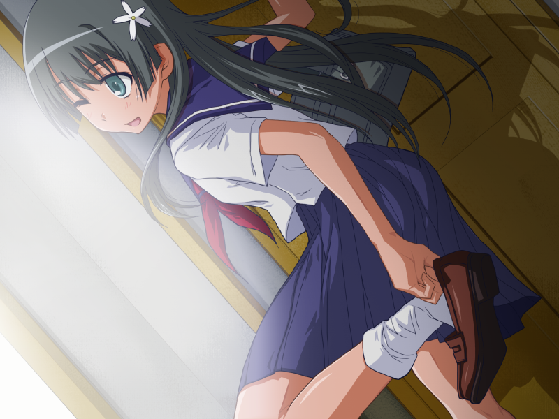 1girl, black_hair, blue_eyes, flower, game_cg, hair_flower, hair_ornament, long_hair, miyanose_you, removing_shoes, saten_ruiko, school_uniform, serafuku, to_aru_kagaku_no_railgun, to_aru_majutsu_no_index