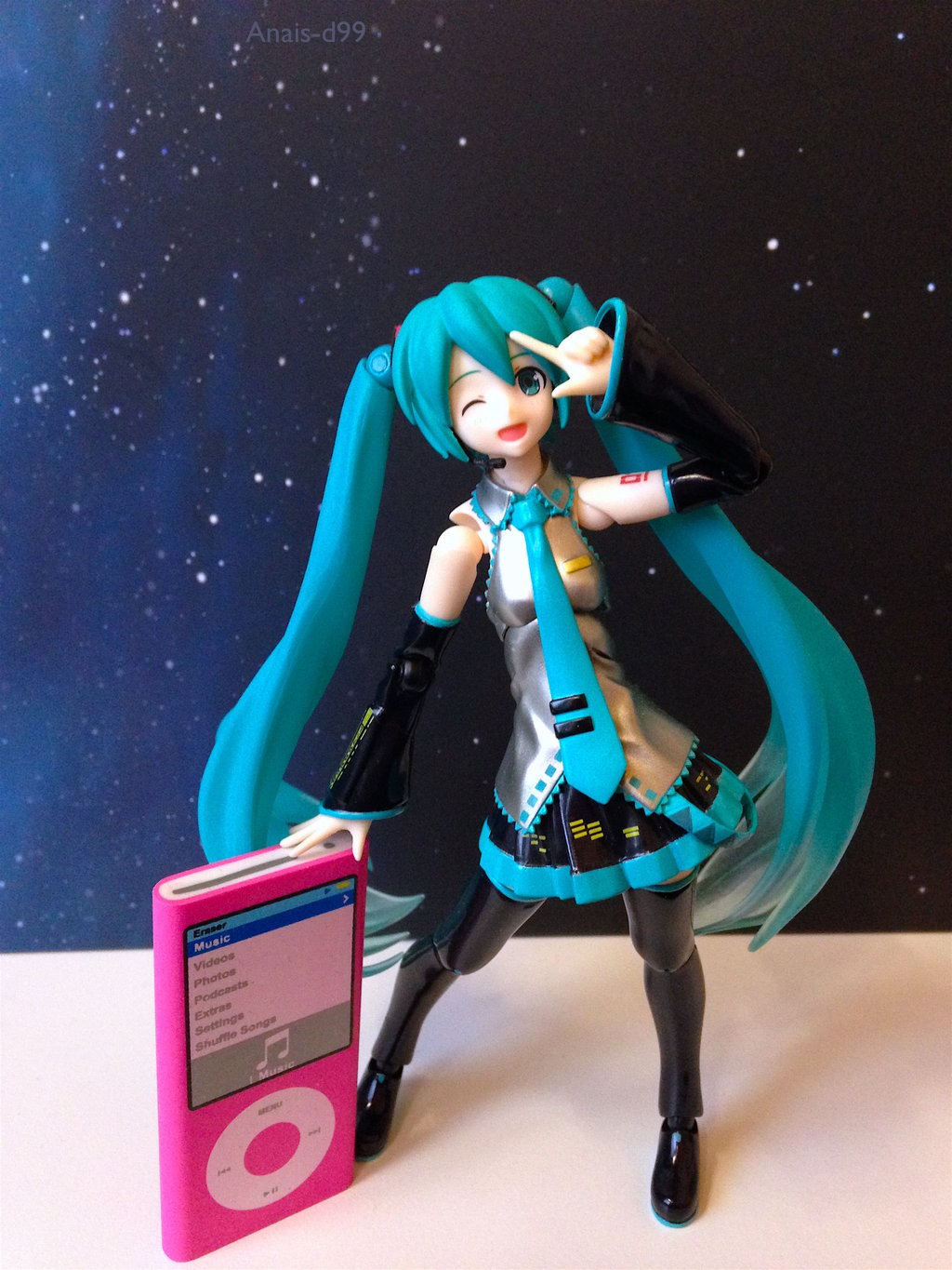 aqua_eyes, aqua_hair, black_boots, boots, collar, collared_shirt, detached_sleeves, digital_media_player