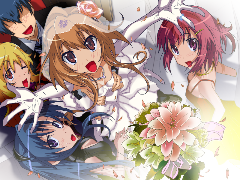 aisaka_taiga, blonde_hair, blue_hair, bouquet, flower, gloves, jewelry, kawashima_ami