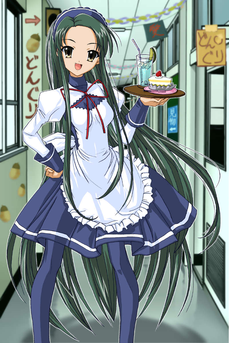 1girl, apron, cake, fang, food, green_eyes, green_hair, long_hair