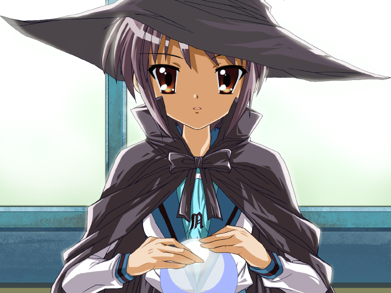 1girl, brown_eyes, crystal_ball, grey_hair, hat, miyanose_you, nagato_yuki, school_uniform, serafuku, short_hair, suzumiya_haruhi_no_shoushitsu, suzumiya_haruhi_no_tsuisou, suzumiya_haruhi_no_yuuutsu, witch_hat
