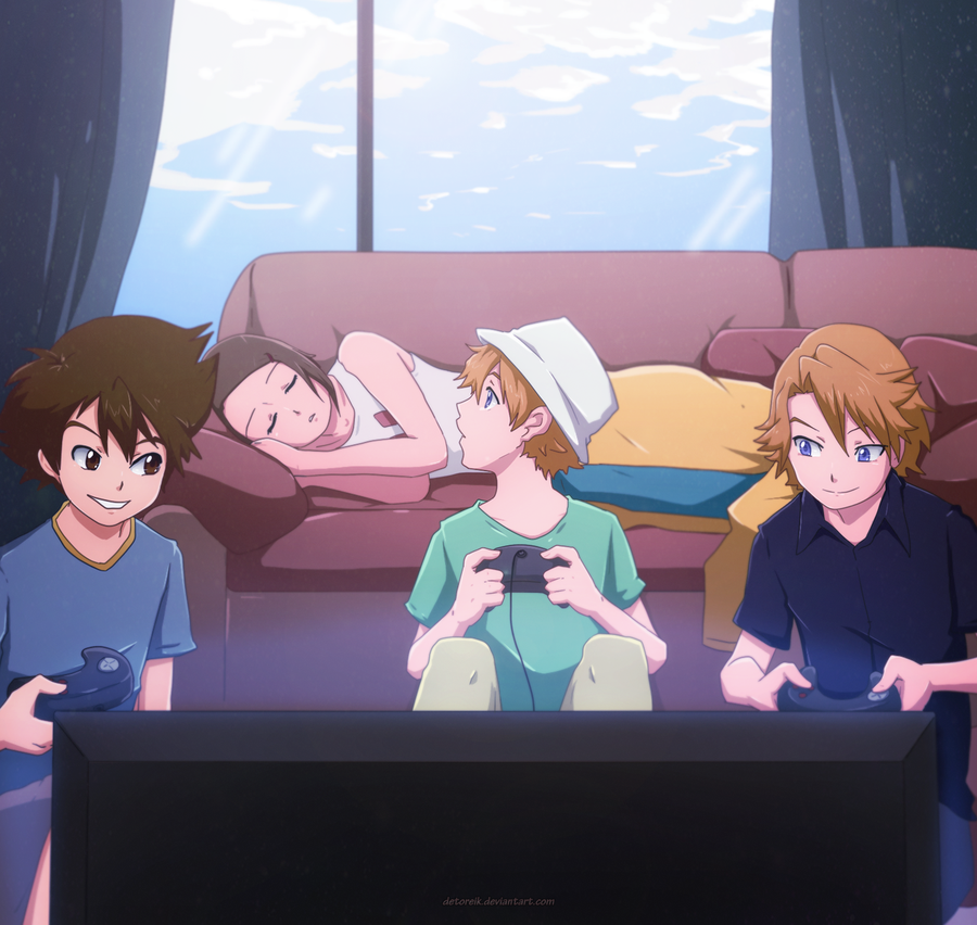 00s, 1girl, 3boys, arm, artist_request, bare_arms, bare_shoulders, blonde_hair