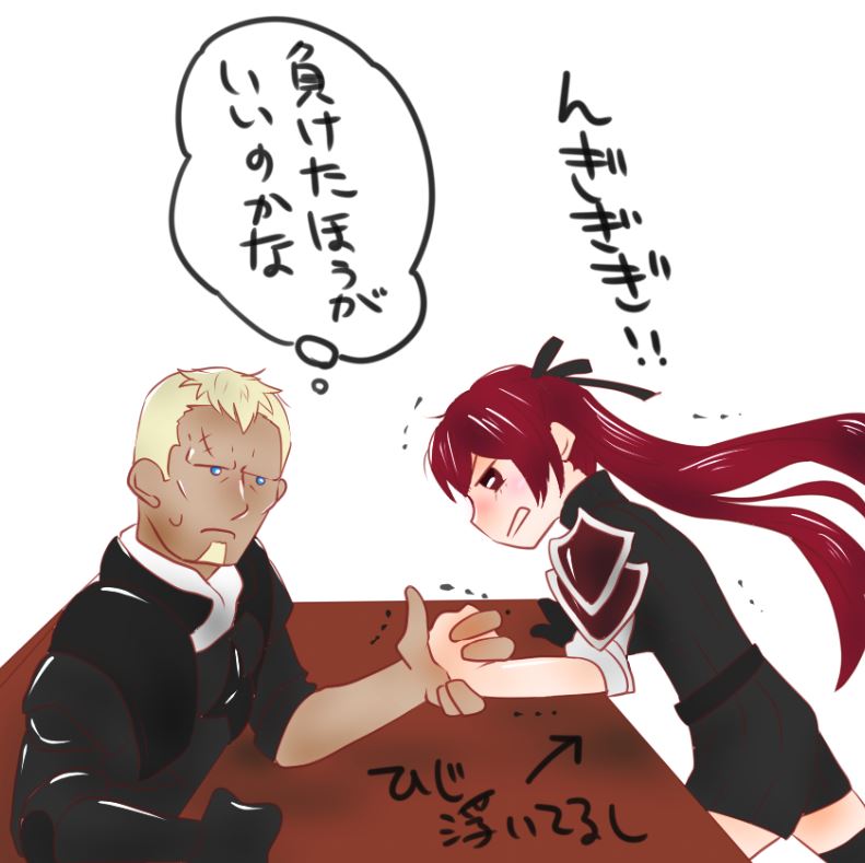 1boy, 1girl, arm_wrestling, armor, beard, benoit_(fire_emblem_if), blonde_hair, blue_eyes