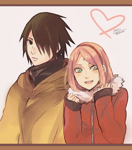 1boy, 1girl, amiko, black_hair, coat, couple, facial_mark, forehead_mark, fur_coat, hair_over_one_eye, hairband, haruno_sakura, looking_at_viewer, naruto, naruto:_the_last, pink_hair, smile, uchiha_sasuke