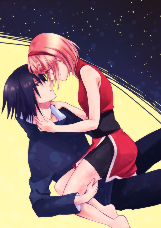 1boy, 1girl, barefoot, black_hair, couple, eye_contact, feet, haruno_sakura