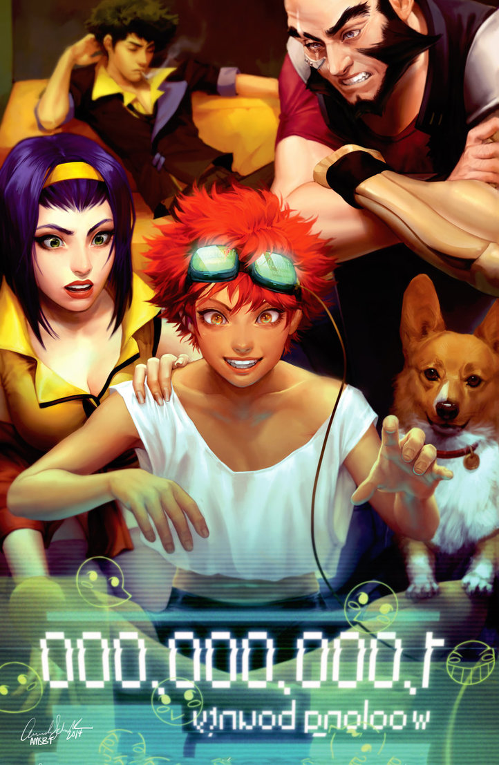 2boys, 2girls, 90s, beard, black_hair, breasts, cigarette, cleavage, cowboy_bebop, dog, edward_wong_hau_pepelu_tivrusky_iv, ein_(cowboy_bebop), facial_hair, faye_valentine, goggles, jet_black, multiple_boys, multiple_girls, necktie, purple_hair, realistic, redhead, seriousbreakfesttime, smile, smoke, spike_spiegel