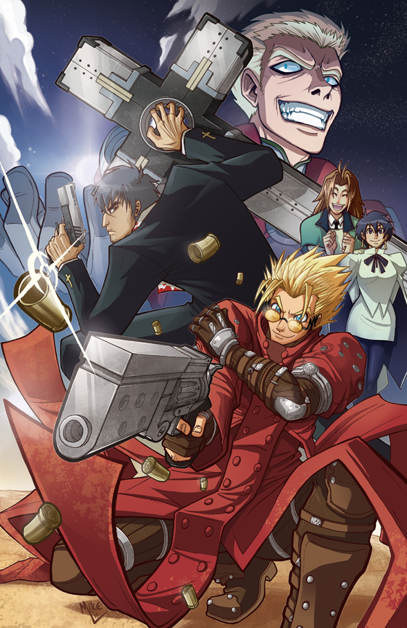 2girls, 3boys, black_hair, blonde_hair, blue_eyes, blue_hair, boots, brown_hair, cloakcoat, cross, desert, dutch_angle, earrings, glasses, gun, highres, huge_weapon, jacket, jewelry, long_coat, looking_back, meryl_strife, meryl_stryfe, milly_thompson, mouth_hold, multicolored_hair, multiple_boys, multiple_girls, necktie, nicholas_d_wolfwood, on_ground, outdoors, purple_hair, red_jacket, scan, short_hair, sky, smile, spiky_hair, standing, strap, suit, trigun, vash_the_stampede, violet_eyes, weapon