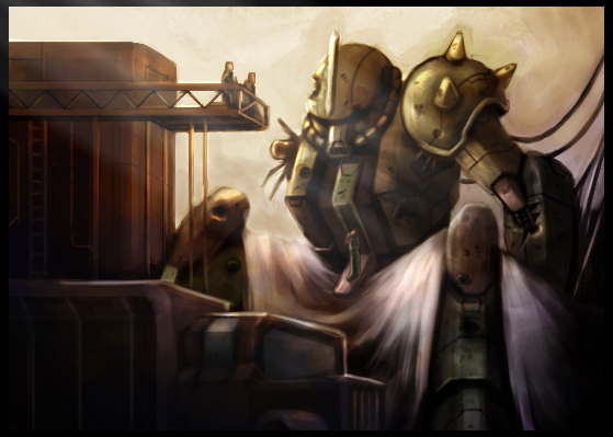 damaged, gundam, mecha, mobile_suit_gundam, nightmarejan, truck, vehicle, zaku, zaku_ii