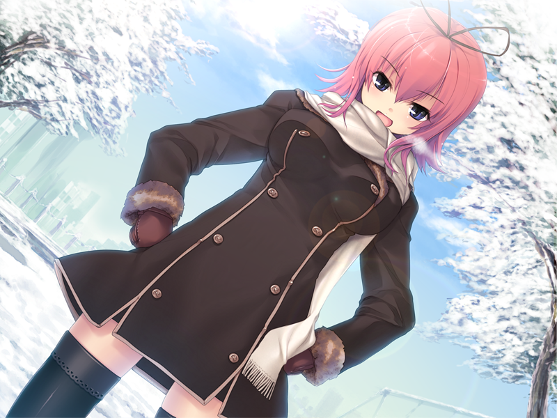 1boy, 1girl, akino_saki, black_legwear, blue_eyes, coat, game_cg, gloves, ice_no!, redhead, refeia, ribbon, scarf, short_hair, tagme, thigh-highs, thigh_gap