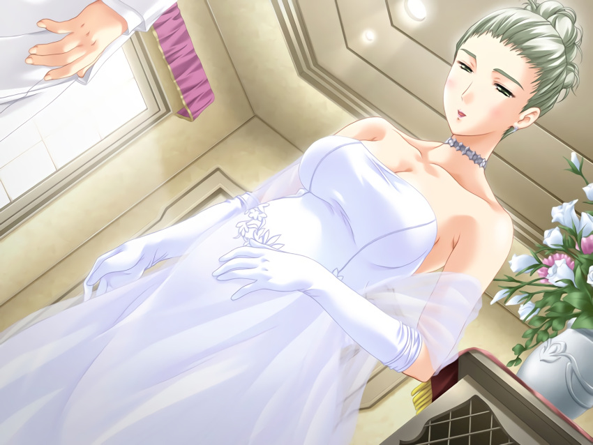 1girl, bare_shoulders, blush, breasts, choker, dutch_angle, earrings, elbow_gloves