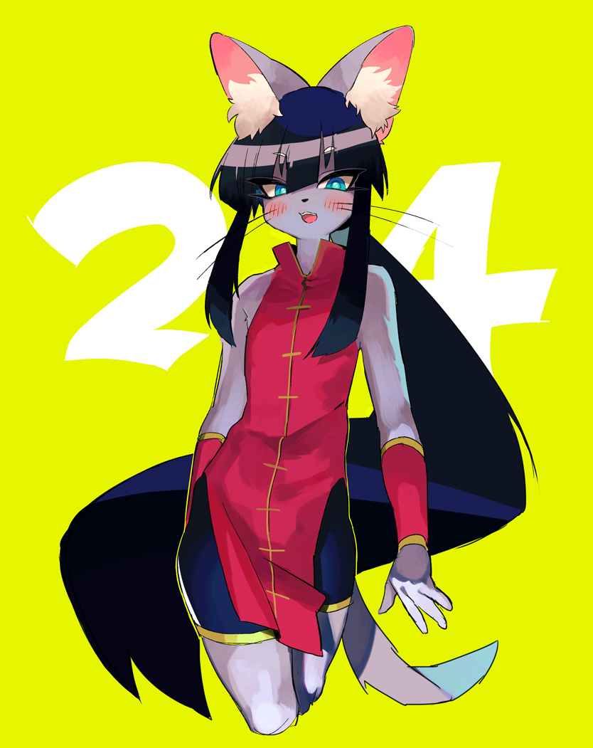 1girl, black_hair, blue_eyes, cat, female, furry, hotomura_(muramura69), long_hair