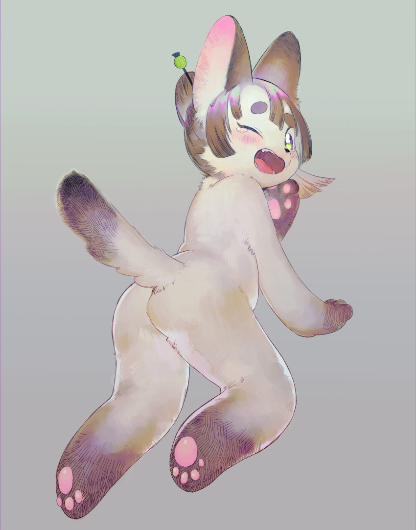 androgynous, ass, brown_hair, cat, full_body, furry, gradient, gradient_background