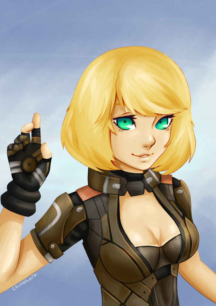 1girl, armor, blonde_hair, breasts, chimehara, female, green_eyes, mia_(xenoblade_x), nintendo, short_hair, smile, xenoblade_chronicles_x