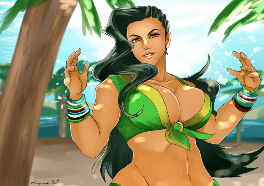1girl, asymmetrical_hair, black_hair, breasts, brown_eyes, capcom, cleavage, cornrows