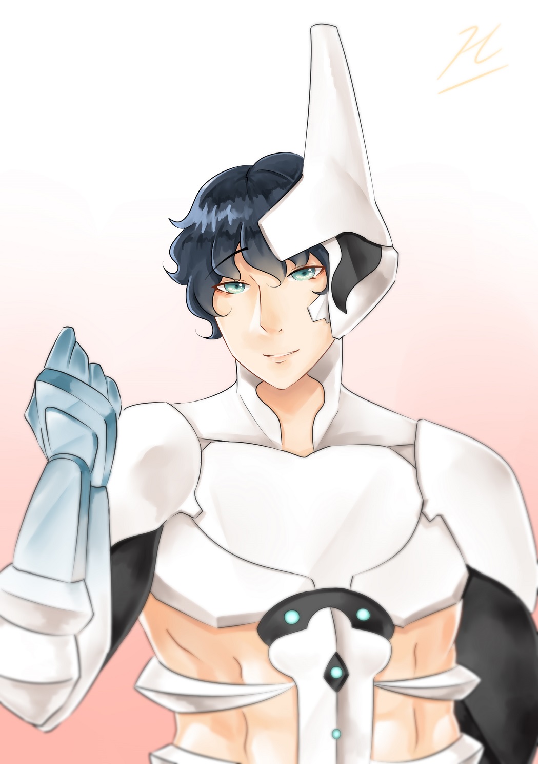 1boy, armor, black_hair, blue_eyes, bodysuit, equinox_(warframe), genderswap, horn