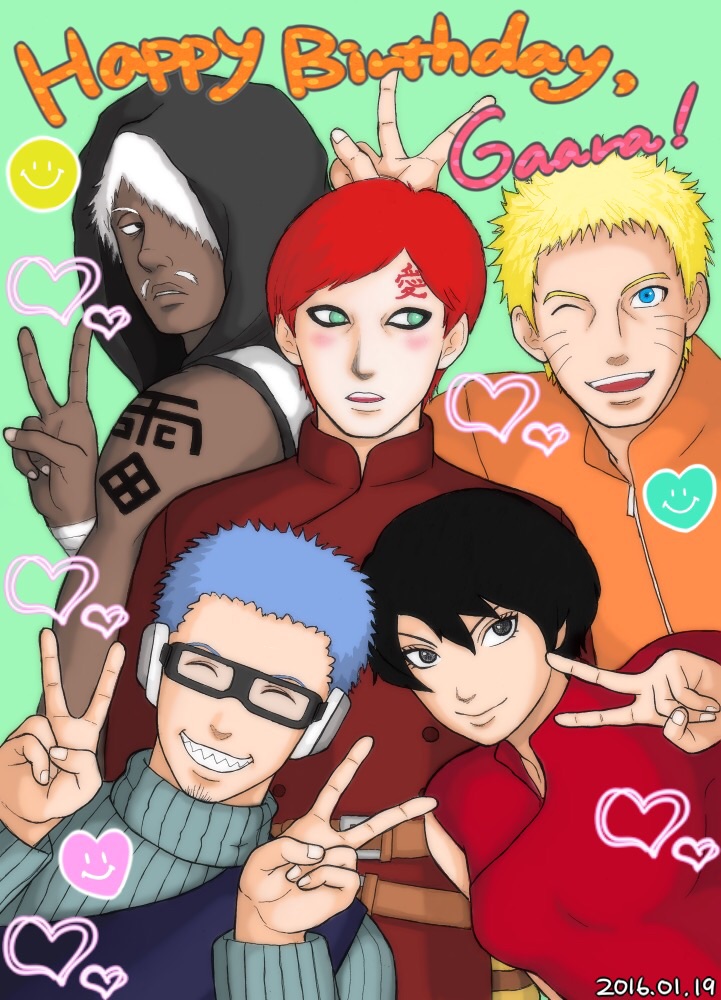 1girl, 4boys, artist_request, black_hair, choujuurou_(naruto), dark_skin, darui_(naruto), gaara_(naruto), hood, kurotsuchi_(naruto), looking_at_viewer, multiple_boys, naruto, naruto_gaiden, redhead, spiky_hair, uzumaki_naruto, whiskers