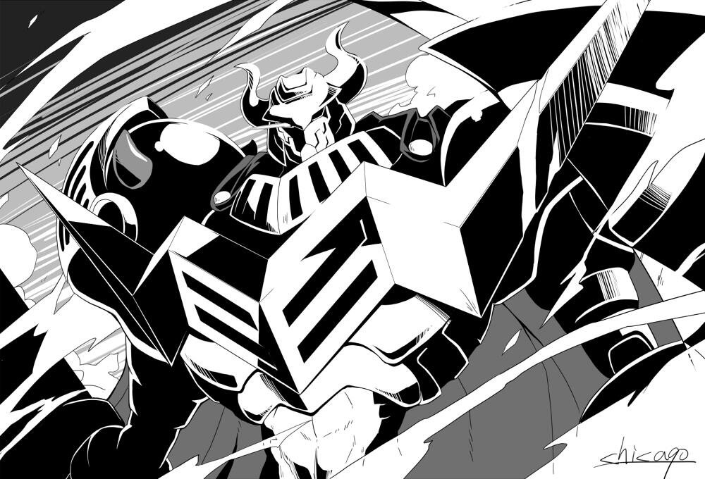 armor, bandai, chicago-x, darkknightmon, digimon, digimon_xros_wars, full_armor, monochrome, monster, no_humans, solo
