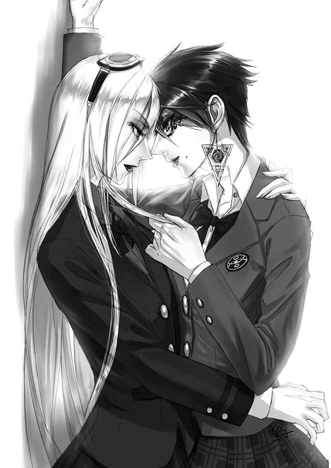 2girls, bayonetta, bayonetta_(character), eye_contact, glasses, jeanne_(bayonetta), kara_namako, looking_at_another, monochrome, multiple_girls, yuri