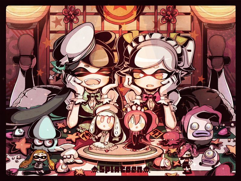 2girls, :d, black_hair, bow, callie_(splatoon), east_asian_architecture, fang, gloves