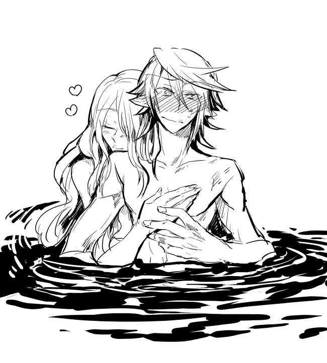 1boy, 1girl, black_&amp;_white, camilla_(fire_emblem_if), fire_emblem, fire_emblem_if, hug, hug_from_behind, ishiwari, monochrome, my_unit_(fire_emblem_if), nintendo, partially_submerged