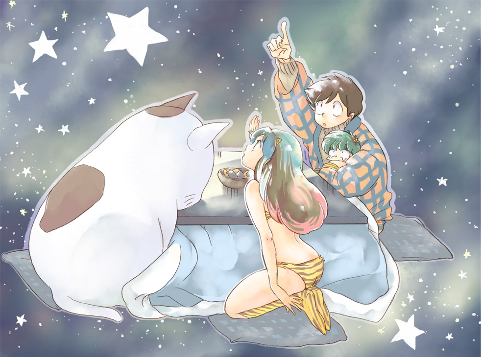 1girl, 2boys, animal, bikini, cat, horns, kottatsu-neko, long_hair