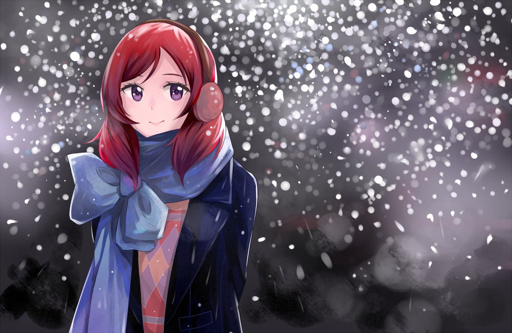 1girl, blush, earmuffs, female, jacket, love_live!_school_idol_project, night, nishikino_maki