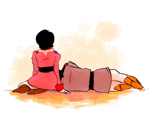 1boy, 1girl, black_hair, bright_noa, gundam, hirasawa, lying, military