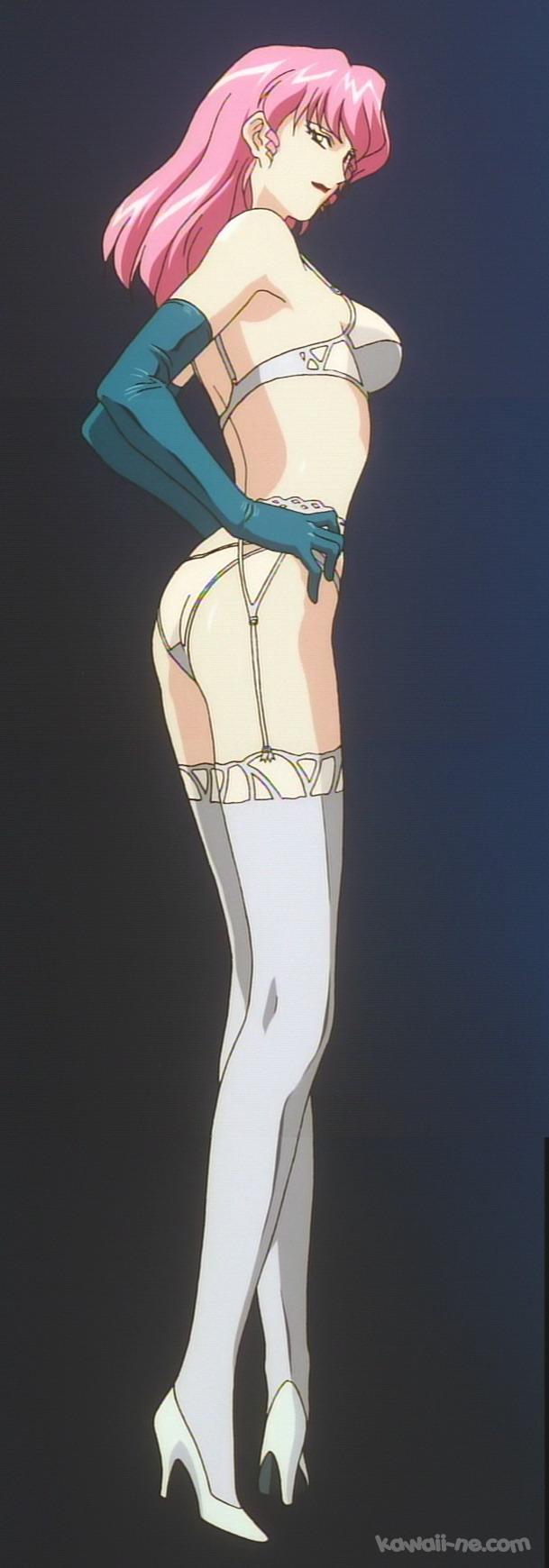 1girl, 90s, agent_aika, ass, bra, breasts, garters, gloves, hands_on_hips, high_heels, legs, long_gloves, long_legs, midriff, neena_hagen, panties, pink_hair, short_hair, side_view, solo, standing, stitched, thigh-highs, underwear, web_address