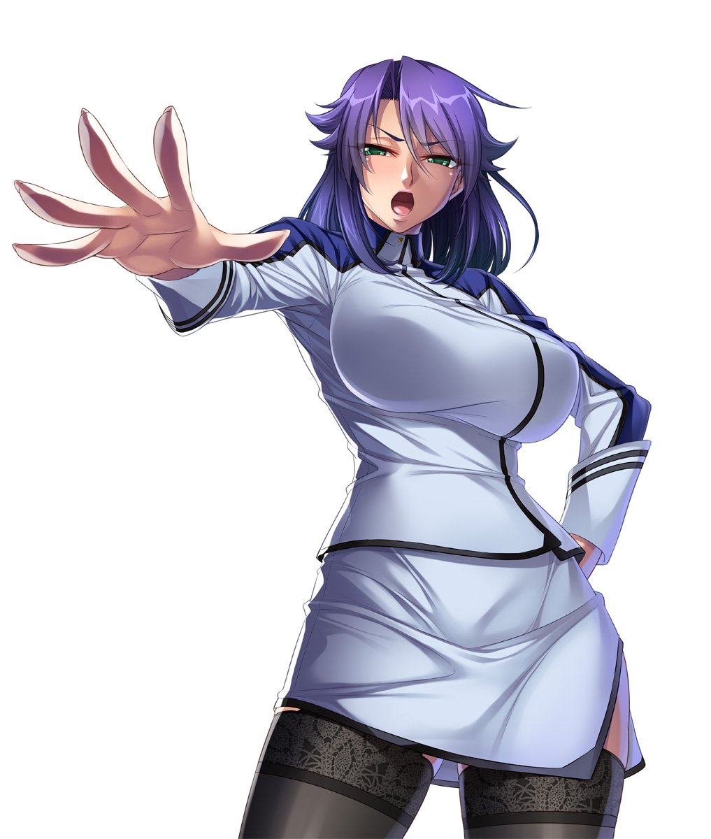 1girl, blush, breasts, female, garter_belt, green_eyes, kagami_hirotaka, kangoku_senkan, large_breasts, lieri_bishop, lilith-soft, purple_hair, skirt, solo, tagme, taimanin_asagi, taimanin_asagi_battle_arena, uniform
