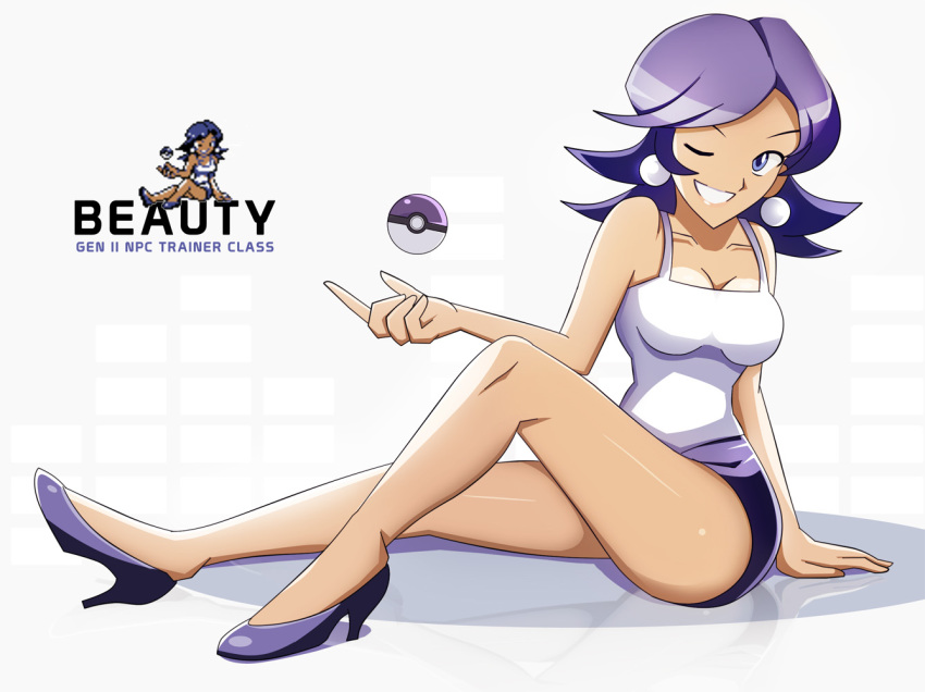 1girl, beauty_(pokemon), grin, high_heels, long_legs, npc_trainer, poke_ball, pokemon