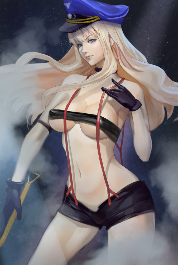 1girl, blonde_hair, breasts, gloves, hat, large_breasts, long_hair, macross, macross_frontier, mikazuki_shigure, open_fly, peaked_cap, sheryl_nome, short_shorts, shorts, solo, strapless, suspenders, tubetop