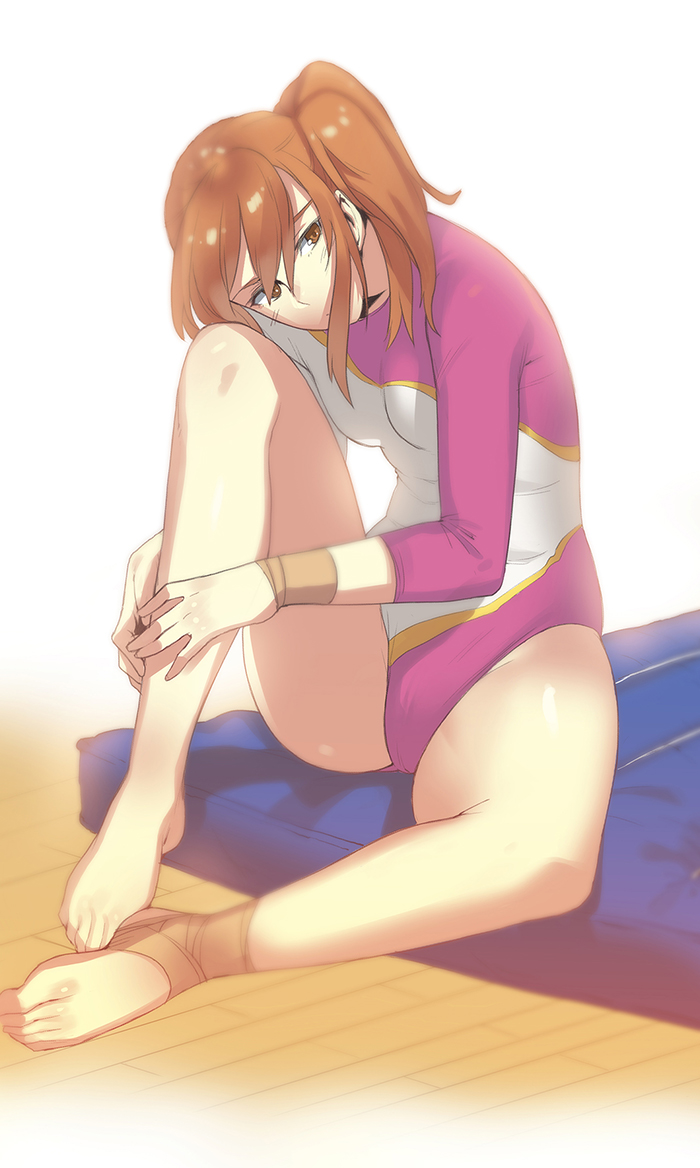 1girl, barefoot, brown_eyes, feet, female, leotard, orange_hair, original