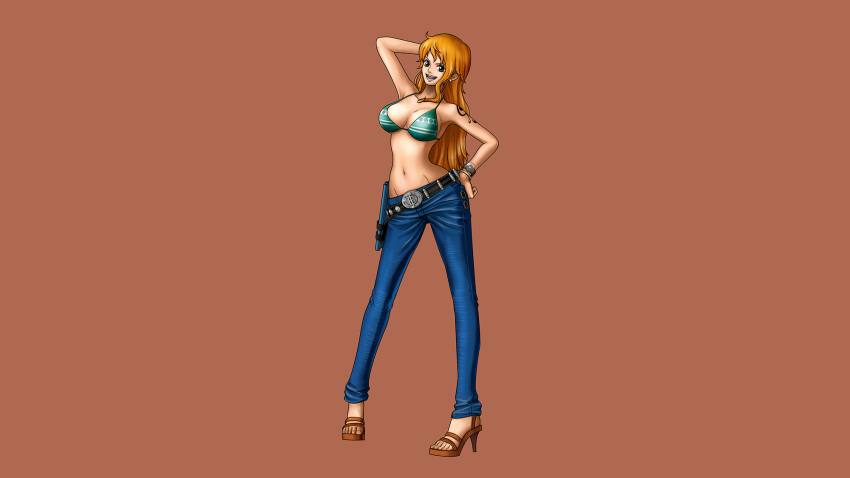 1girl, blue_jeans, bracelet, breasts, brown_eyes, earrings, feet, highres