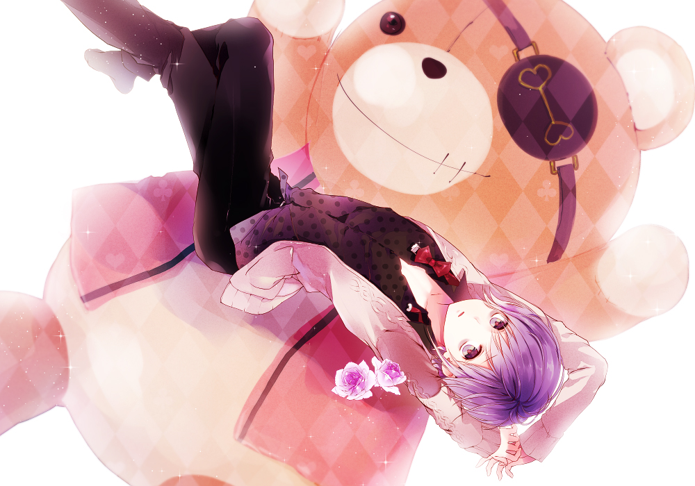 1boy, arms_up, bags_under_eyes, bow, bowtie, collarbone, diabolik_lovers, eyepatch