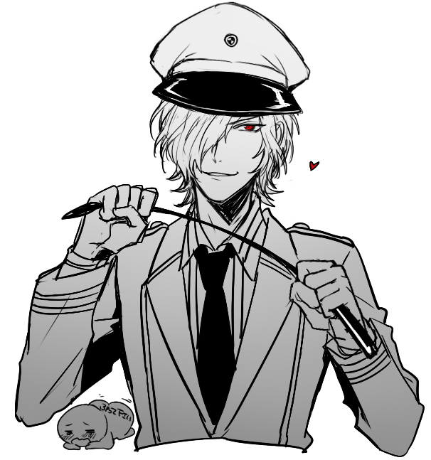1boy, blush, diabolik_lovers, gloves, hair_over_one_eye, hat, heart, humor, kuwa_ayase, looking_at_viewer, male_focus, military, military_uniform, monochrome, necktie, red_eyes, sakamaki_subaru, simple_background, smile, solo, spot_color, uniform, whip, white_background