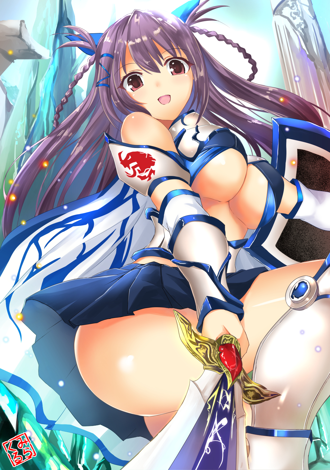 1girl, bare_shoulders, braid, braids, breasts, cleavage, female, greaves, happy, large_breasts, long_hair, looking_at_viewer, miracle_hoshi, open_mouth, purple_hair, red_eyes, rose_eyes, smile, solo, sword, under_boob