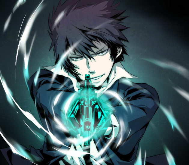1boy, black_hair, dominator_(gun), formal, gun, highres, kougami_shin'ya, necktie, psycho-pass, short_hair, solo, suit, weapon