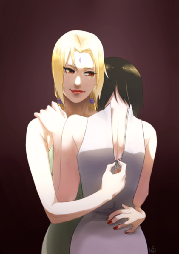 2girls, back, bare_shoulders, black_hair, blonde_hair, dress, facial_mark, forehead_mark, hand_on_back, hand_on_shoulder, lips, lipstick, makeup, may_c, multiple_girls, naruto, shizune_(naruto), short_hair, simple_background, tsunade, unzipping, yuri