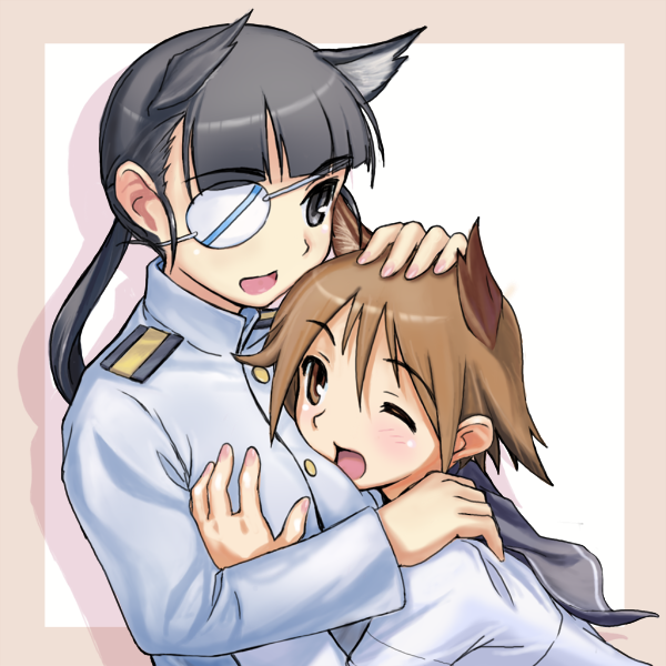 animal_ears, black_hair, brown_eyes, brown_hair, eyepatch, hug, miyafuji_yoshika, multiple_girls