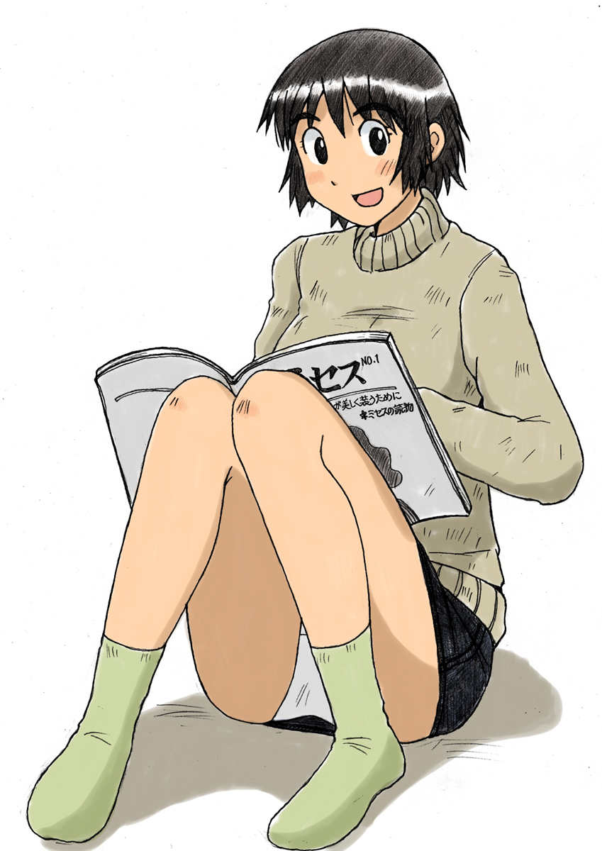 1girl, ayase_fuuka, black_eyes, black_hair, blush, breasts, legs, long_sleeves