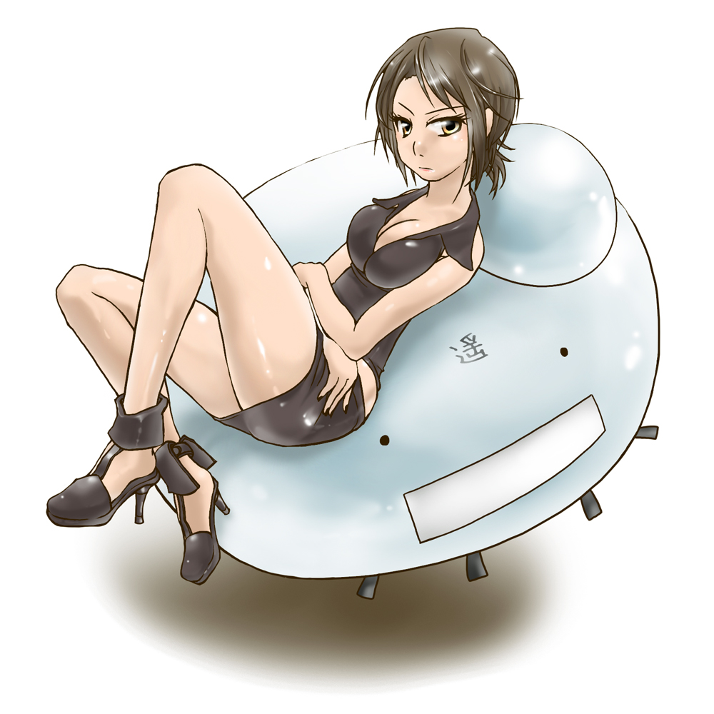 1girl, bangs, black_hair, black_shirt, black_skirt, breasts, cleavage, crossed_arms