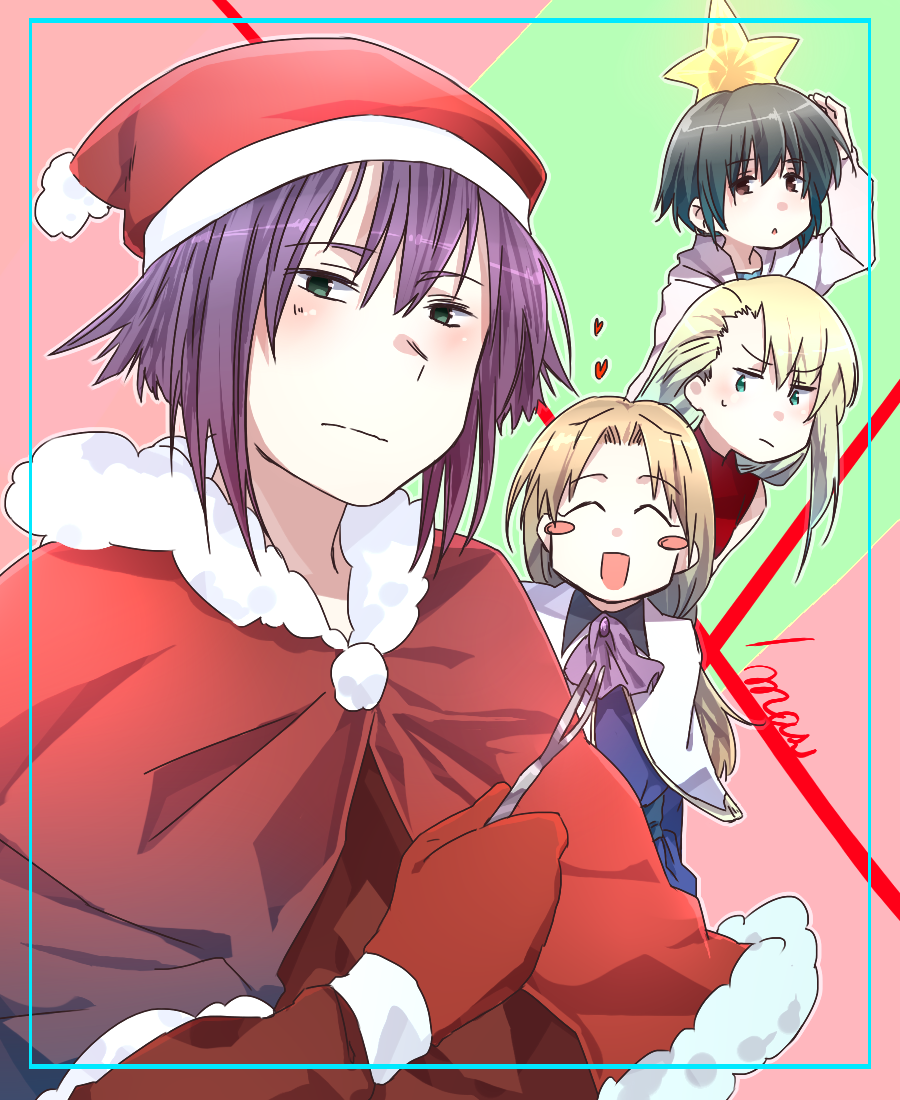 00s, altena, black_hair, blonde_hair, blush, chloe_(noir), christmas, closed_eyes