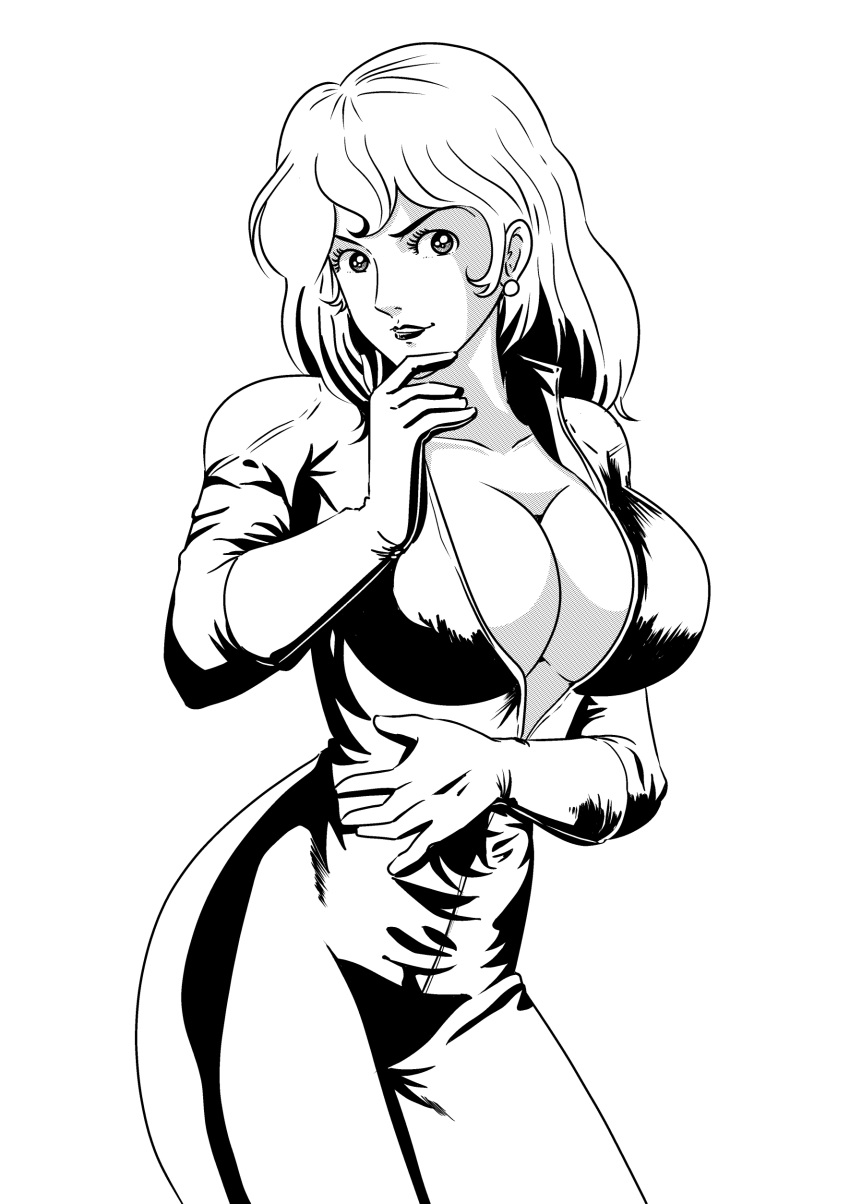1girl, bodysuit, breasts, cleavage, earrings, eyelashes, gloves, highres, huge_breasts, jewelry, kanaman7, lipstick, long_hair, looking_at_viewer, lupin_iii, makeup, mine_fujiko, monochrome, simple_background, skin_tight, solo