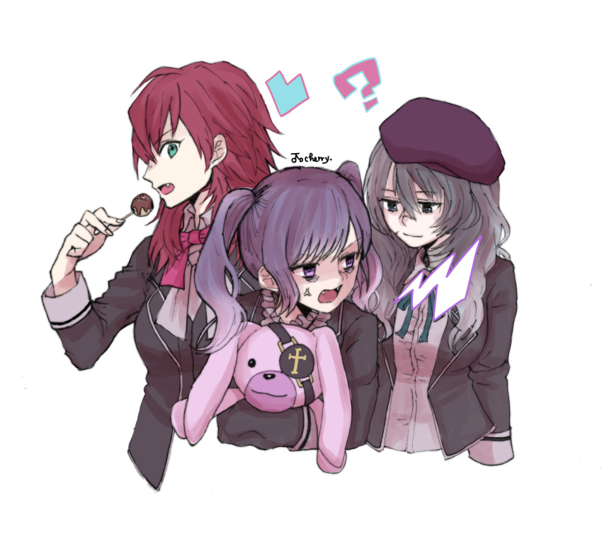3girls, black_hair, blue_eyes, bow, bowtie, cherry_dot, diabolik_lovers, eating