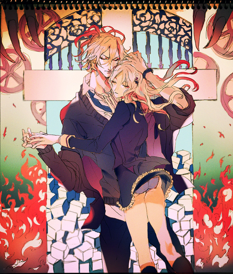 1boy, 1girl, art_nouveau, blonde_hair, brown_hair, calf_socks, closed_eyes, diabolik_lovers
